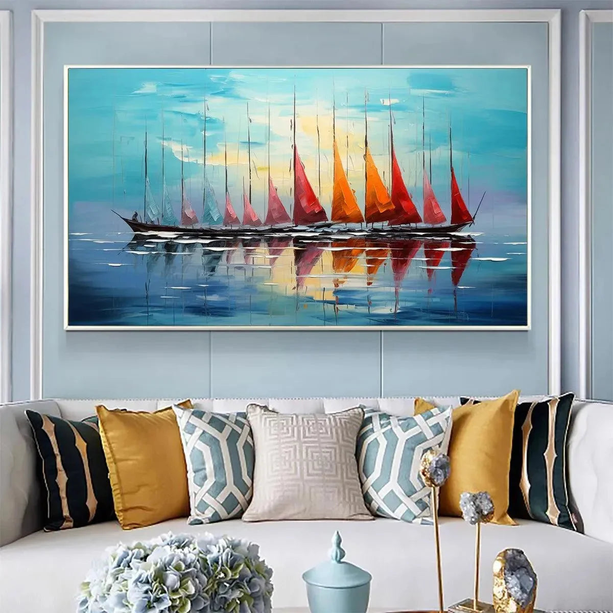 SAILING INTO SUNSET: Panoramic Sailboat Painting | rolled canvas, ready for custom framing