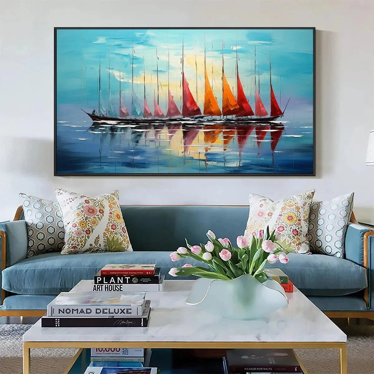 SAILING INTO SUNSET: Panoramic Sailboat Painting | black frame version on white wall