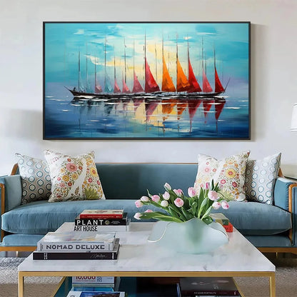 SAILING INTO SUNSET: Panoramic Sailboat Painting | black frame version on white wall
