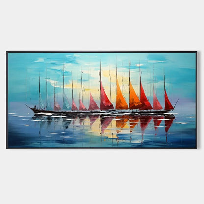 SAILING INTO SUNSET: Panoramic Sailboat Painting | hanging in living room, Abstract wall art