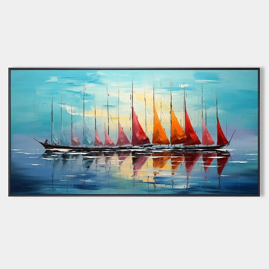 SAILING INTO SUNSET: Panoramic Sailboat Painting | hanging in living room, Abstract wall art