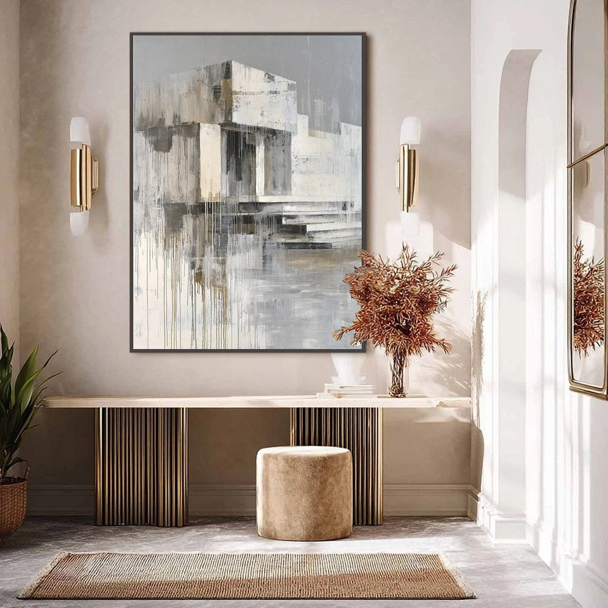 SANCTUARY: Abstract Architectural Painting | gold frame stretched on neutral wall