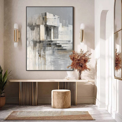 SANCTUARY: Abstract Architectural Painting | gold frame stretched on neutral wall