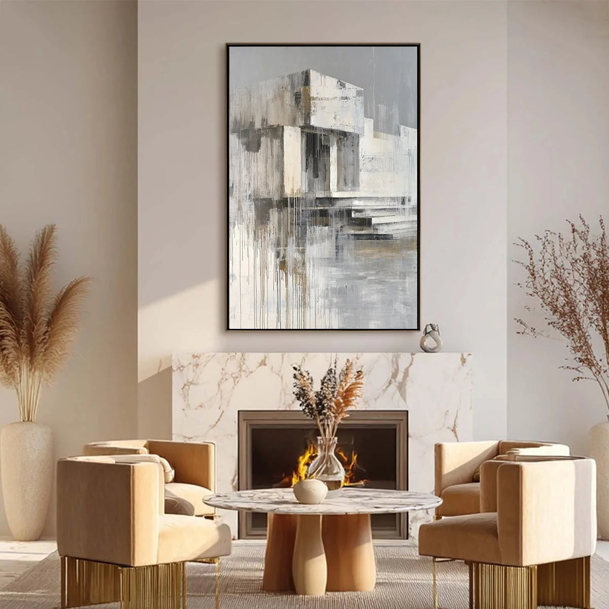 SANCTUARY: Abstract Architectural Painting | black frame version on white wall
