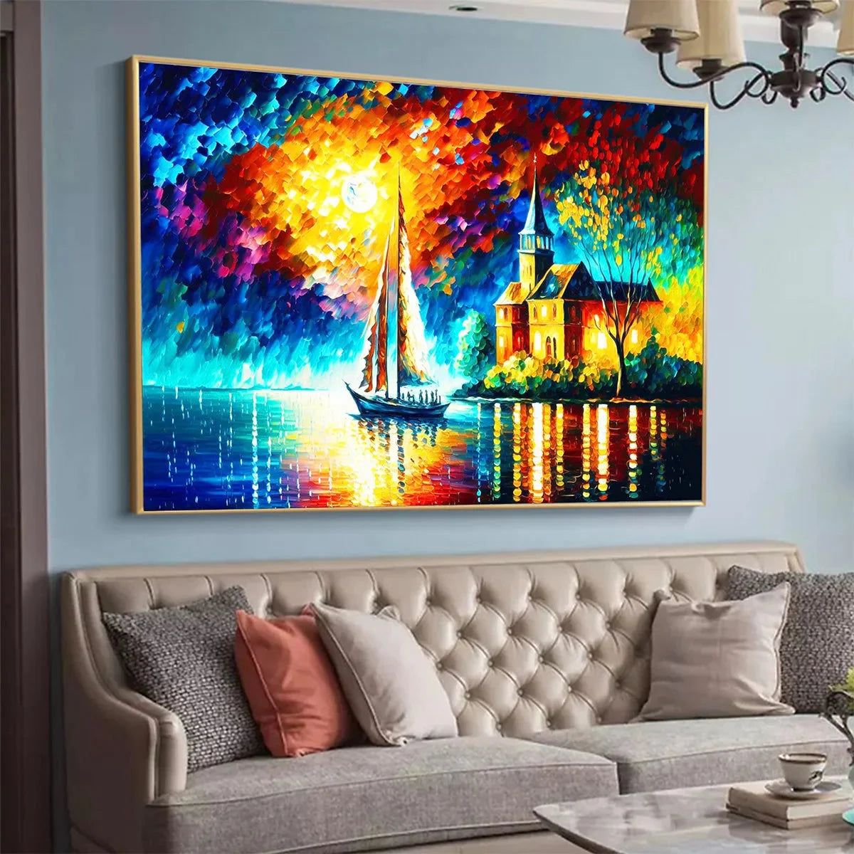 SANCTUARY BY THE SEA: Coastal Landscape Oil Painting with Sailboat and Church | rectangular format, hand-painted canvas edge