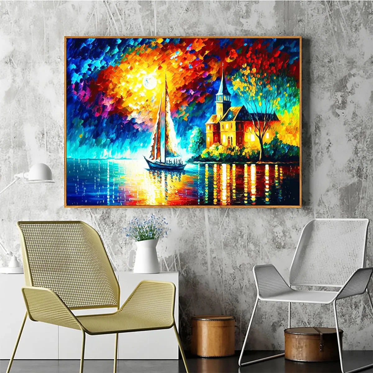 SANCTUARY BY THE SEA: Coastal Landscape Oil Painting with Sailboat and Church | gold frame stretched on neutral wall