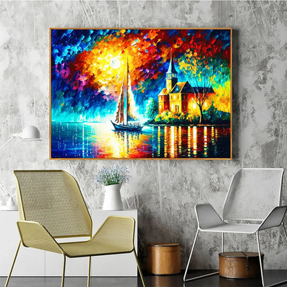SANCTUARY BY THE SEA: Coastal Landscape Oil Painting with Sailboat and Church | gold frame stretched on neutral wall
