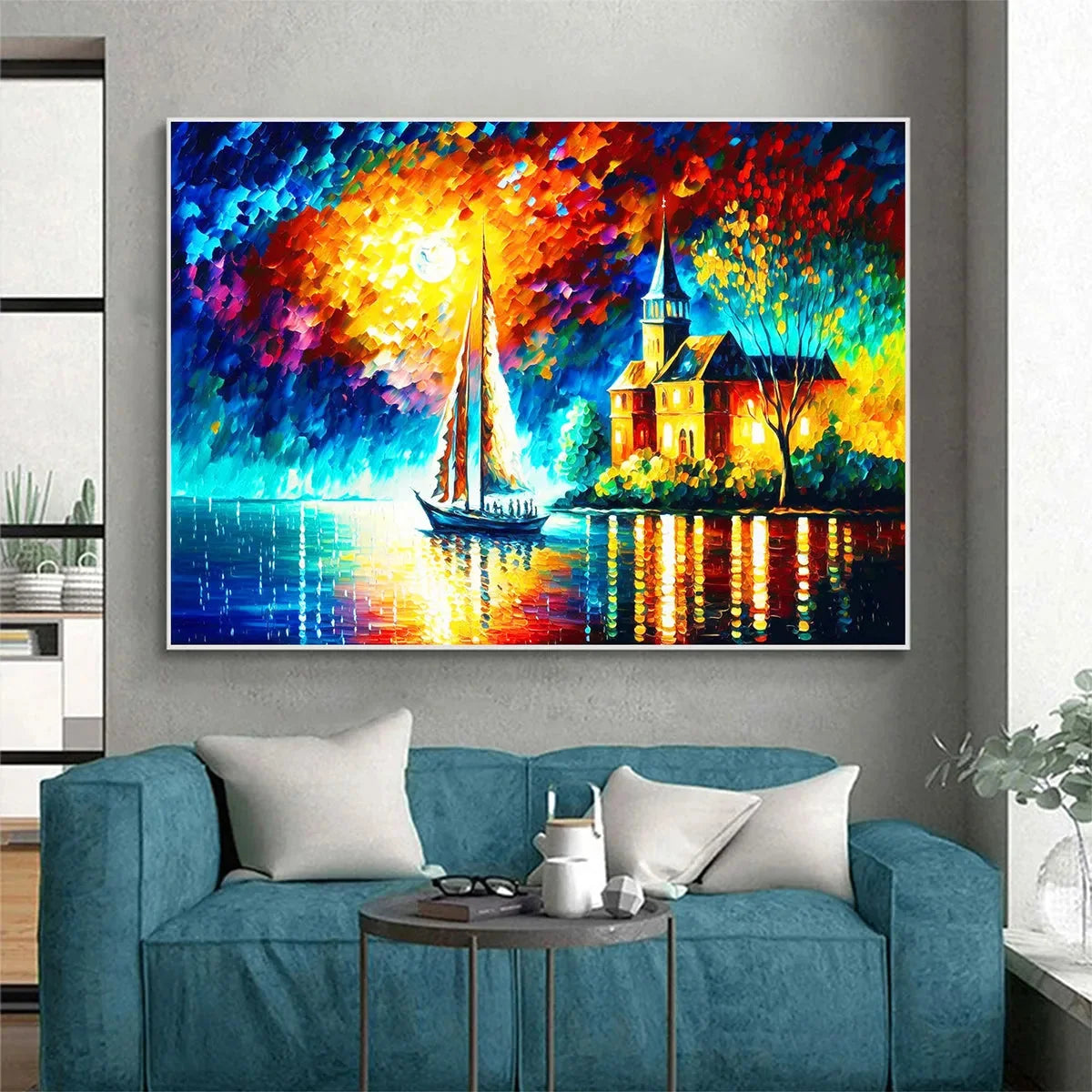 SANCTUARY BY THE SEA: Coastal Landscape Oil Painting with Sailboat and Church | rolled canvas, ready for custom framing