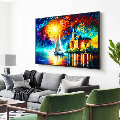 SANCTUARY BY THE SEA: Coastal Landscape Oil Painting with Sailboat and Church | black frame version on white wall