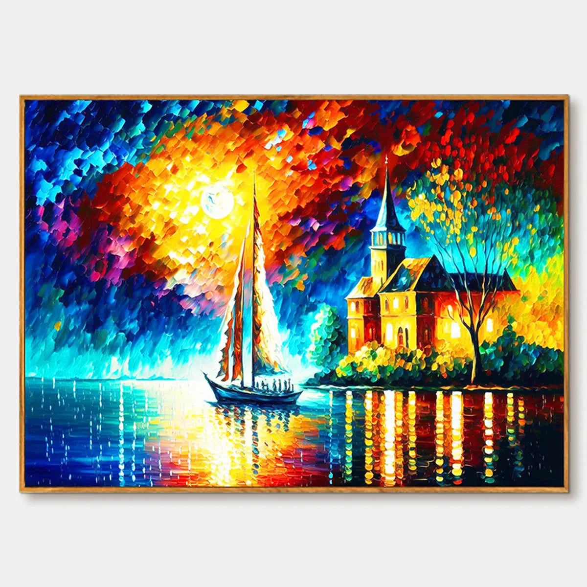 SANCTUARY BY THE SEA: Coastal Landscape Oil Painting with Sailboat and Church | hanging in living room, Landscape wall art