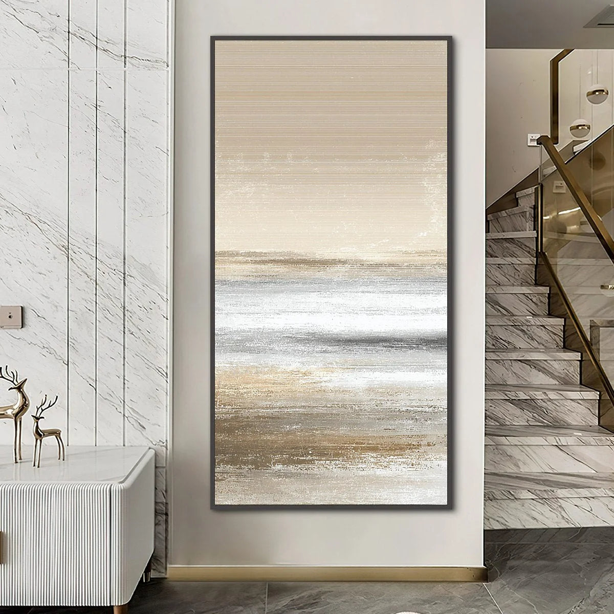 SANDSTONE SERENITY: Minimalist Textured Abstract Seascape Painting | gold frame stretched on neutral wall