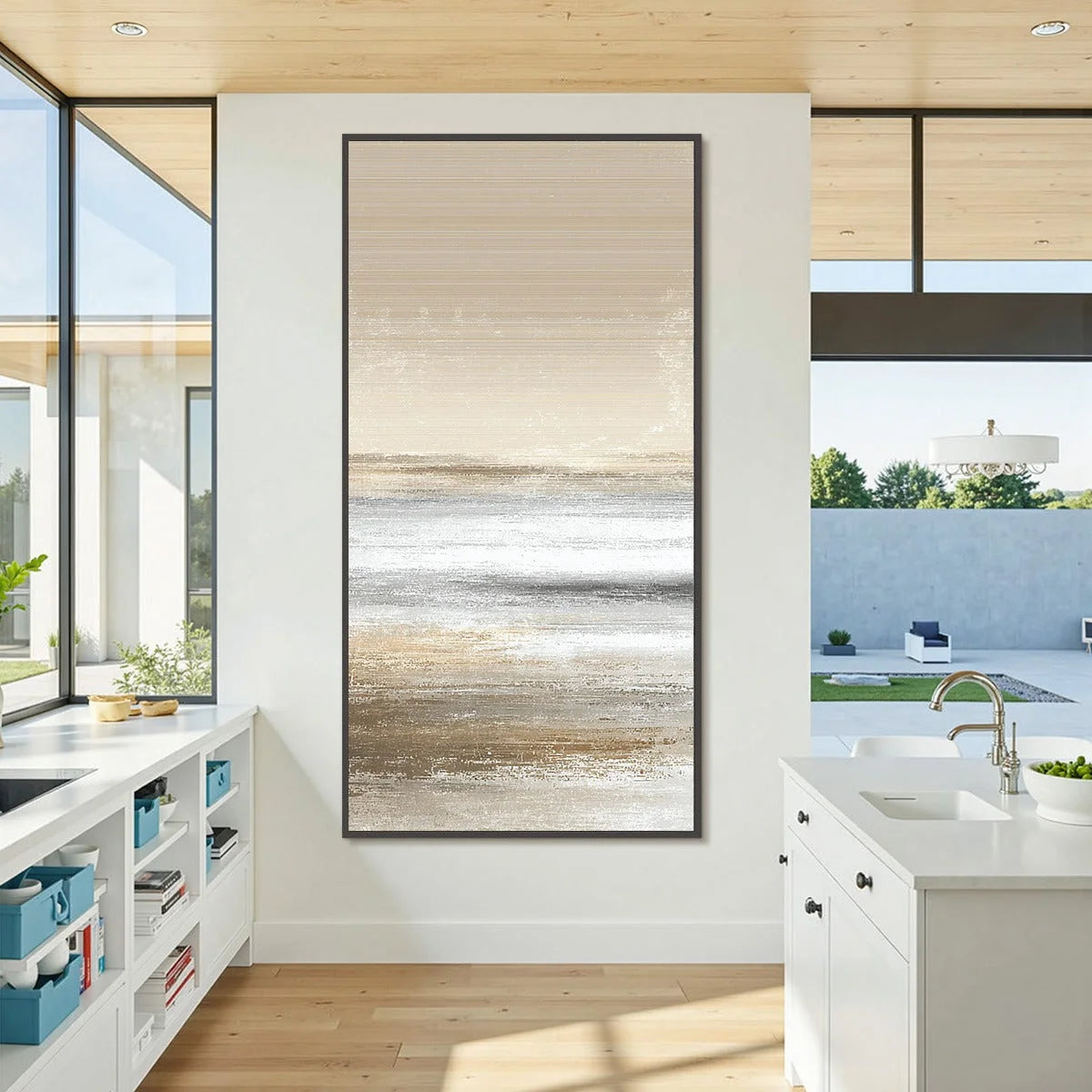 SANDSTONE SERENITY: Minimalist Textured Abstract Seascape Painting | black frame version on white wall