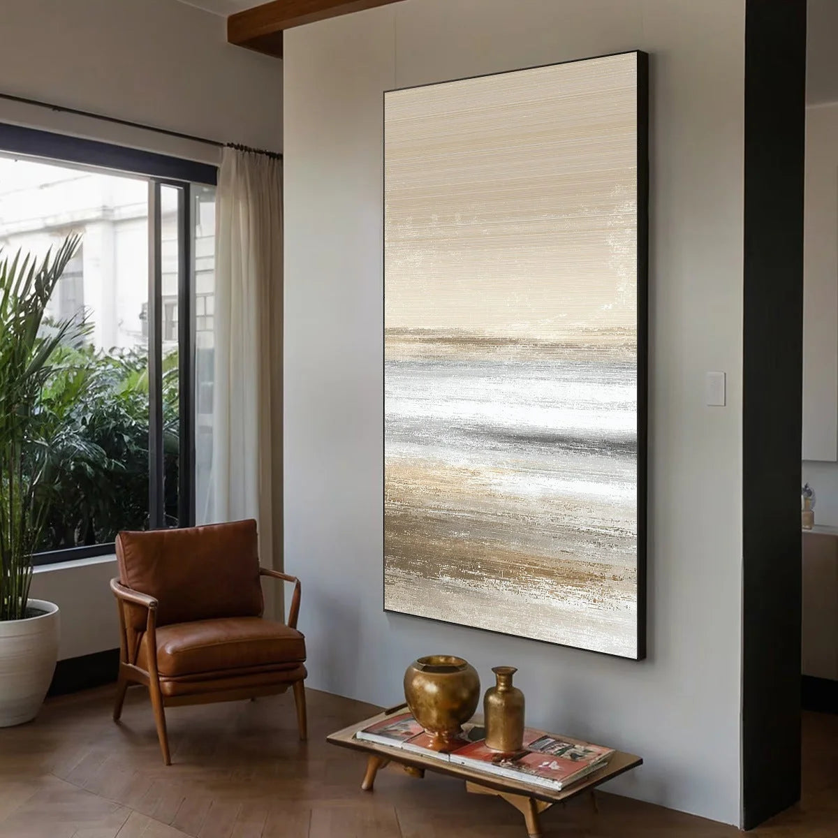 SANDSTONE SERENITY: Minimalist Textured Abstract Seascape Painting | Minimalist mood, soft natural light studio shot