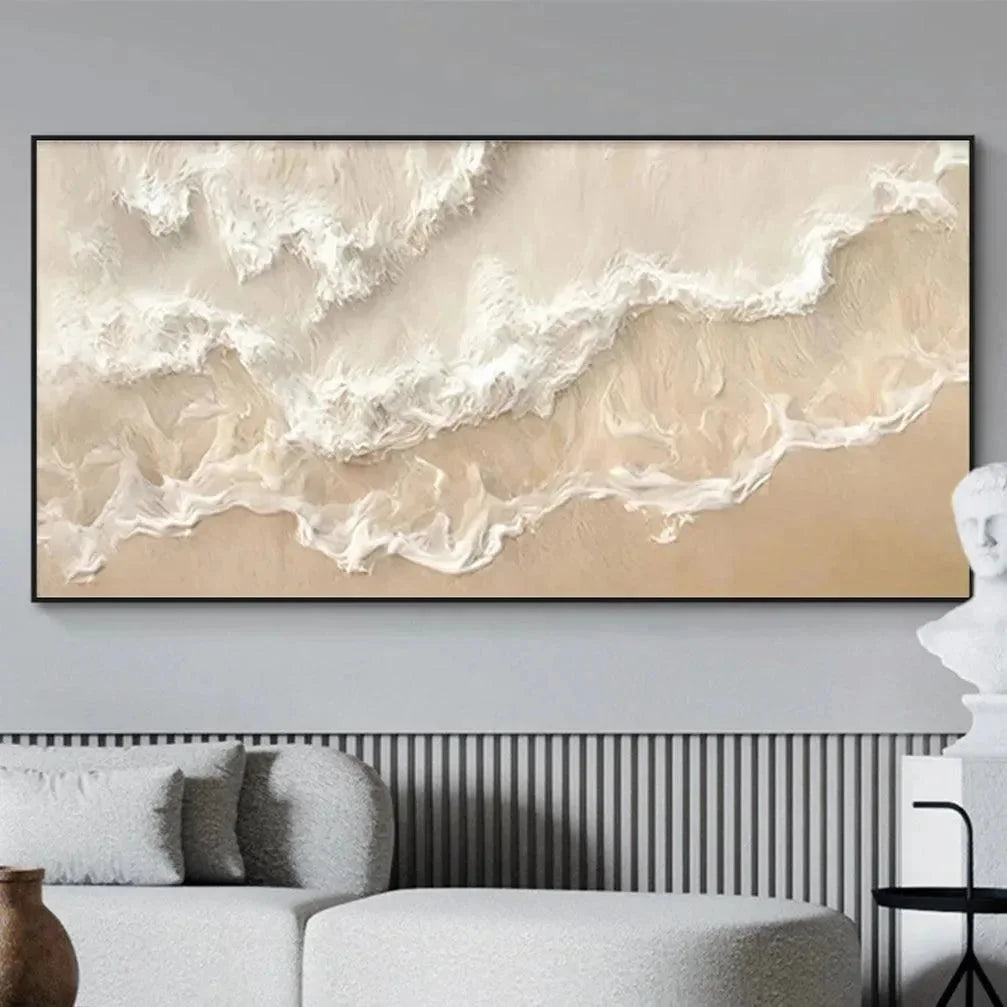 SANDY WHISPERS: Minimalist Beach Waves Painting, Horizontal Wall Art | Minimalist closeup, raised brushwork detail
