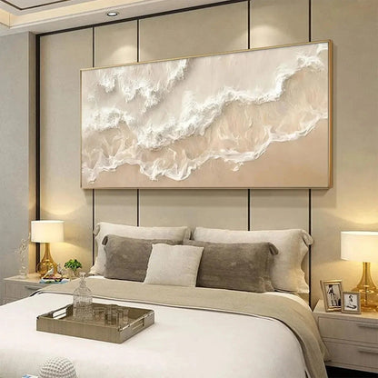 SANDY WHISPERS: Minimalist Beach Waves Painting, Horizontal Wall Art | gold frame stretched on neutral wall