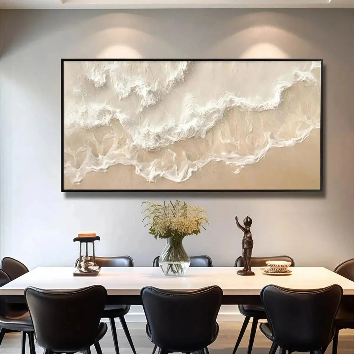 SANDY WHISPERS: Minimalist Beach Waves Painting, Horizontal Wall Art | black frame version on white wall