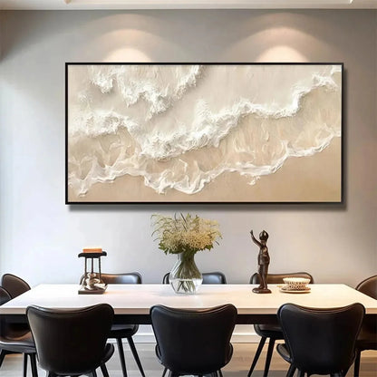SANDY WHISPERS: Minimalist Beach Waves Painting, Horizontal Wall Art | black frame version on white wall