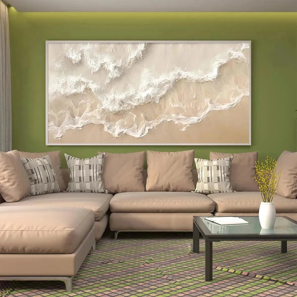 SANDY WHISPERS: Minimalist Beach Waves Painting, Horizontal Wall Art | multi-color palette, original oil on stretched canvas art