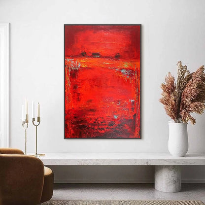 SCARLET HORIZON: Large Vertical Red Abstract Textured Oil Painting | Abstract closeup, raised brushwork detail