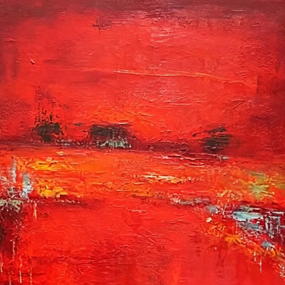 SCARLET HORIZON: Large Vertical Red Abstract Textured Oil Painting | rectangular format, hand-painted canvas edge