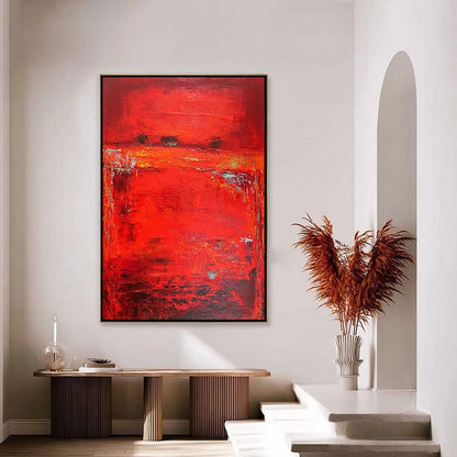 SCARLET HORIZON: Large Vertical Red Abstract Textured Oil Painting | gold frame stretched on neutral wall