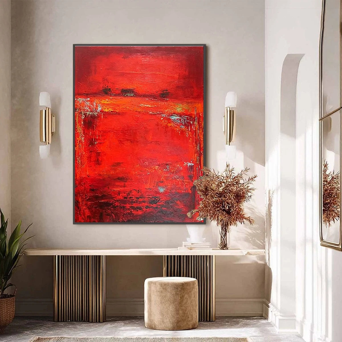 SCARLET HORIZON: Large Vertical Red Abstract Textured Oil Painting | black frame version on white wall