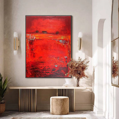 SCARLET HORIZON: Large Vertical Red Abstract Textured Oil Painting | black frame version on white wall