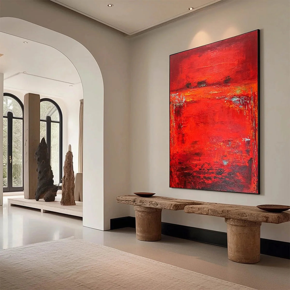 SCARLET HORIZON: Large Vertical Red Abstract Textured Oil Painting | Abstract mood, soft natural light studio shot