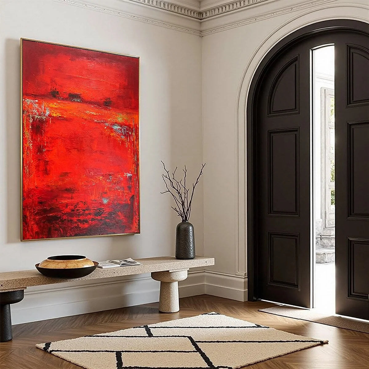 SCARLET HORIZON: Large Vertical Red Abstract Textured Oil Painting | multi-color palette, original oil on stretched canvas art