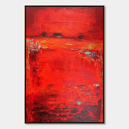 SCARLET HORIZON: Large Vertical Red Abstract Textured Oil Painting | hanging in living room, Abstract wall art