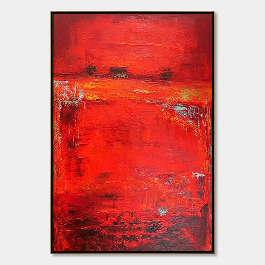 SCARLET HORIZON: Large Vertical Red Abstract Textured Oil Painting | hanging in living room, Abstract wall art
