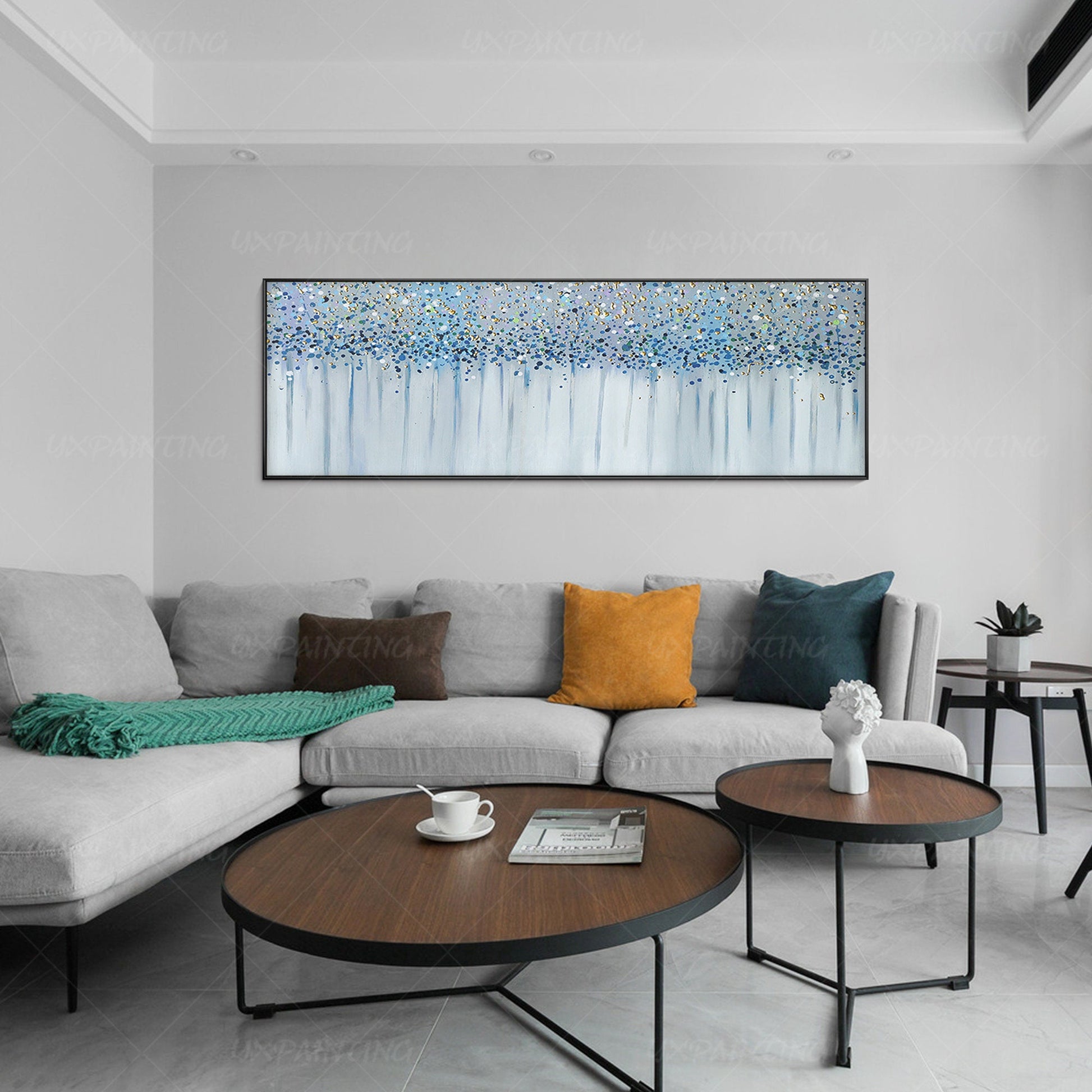 Schilderij Blue Gold Blossom: abstracte bloemencanvas met textuur #3