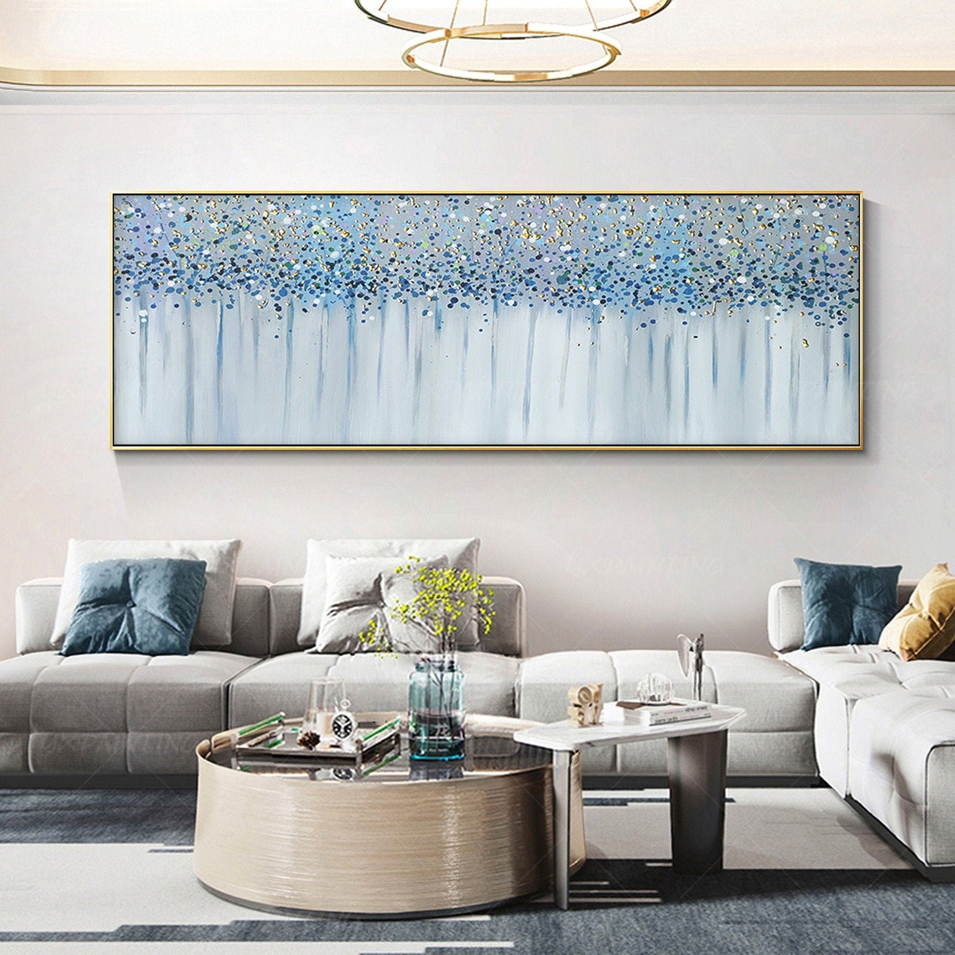 Schilderij Blue Gold Blossom: abstracte bloemencanvas met textuur #10