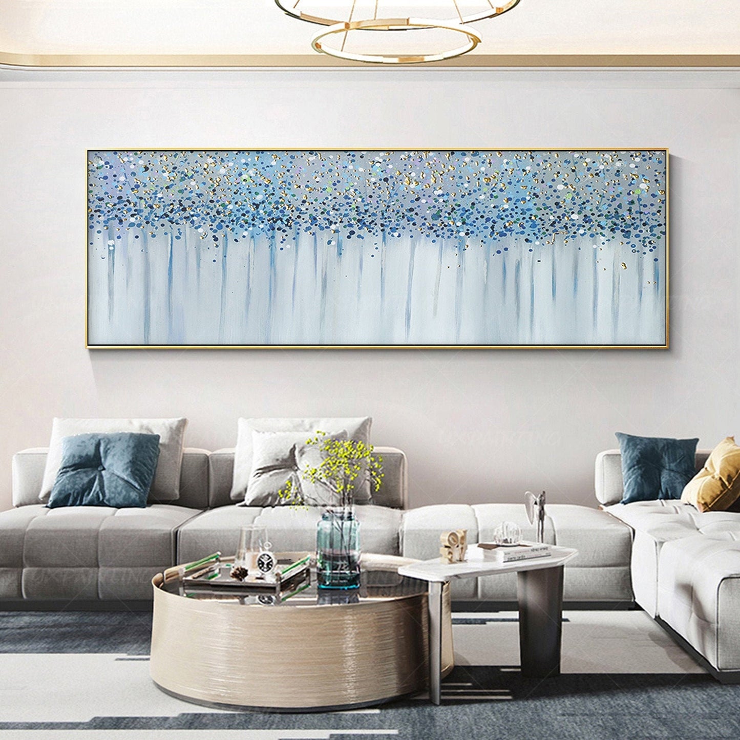 Schilderij Blue Gold Blossom: abstracte bloemencanvas met textuur #1