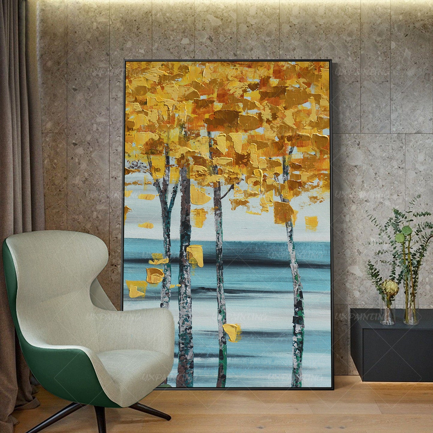 Schilderij met bladgoudboom: abstracte acrylmeskunst op canvas #2