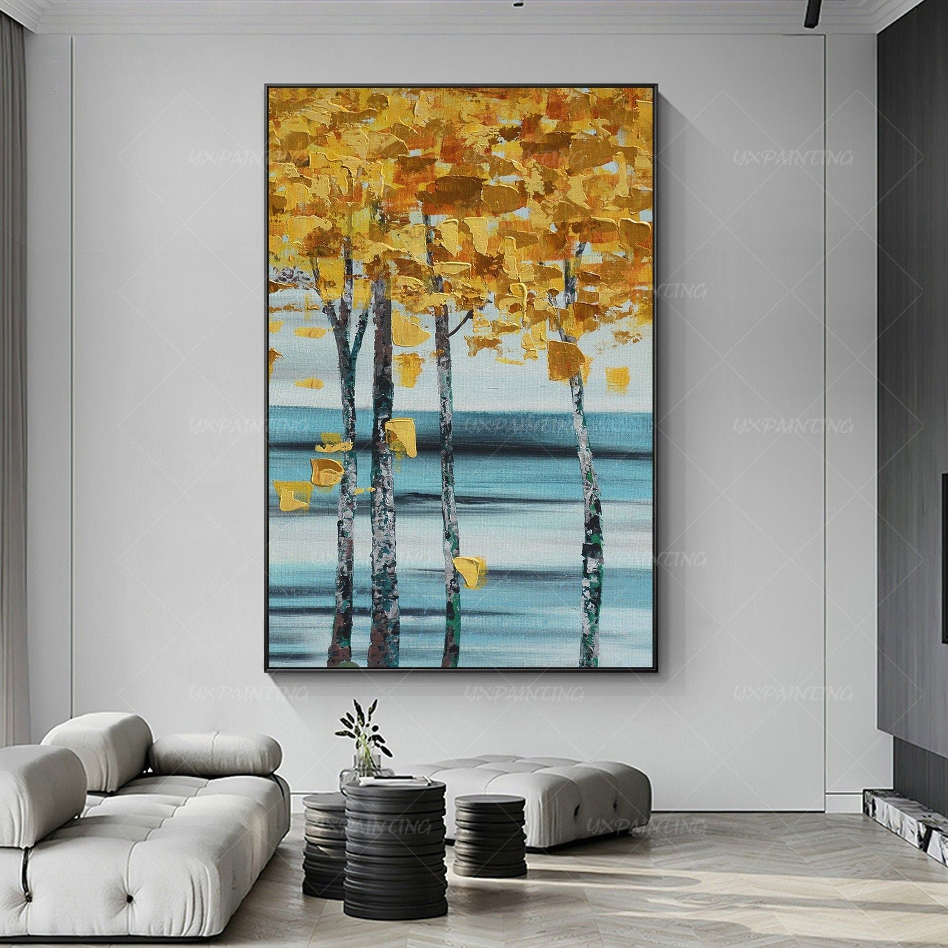 Schilderij met bladgoudboom: abstracte acrylmeskunst op canvas #11
