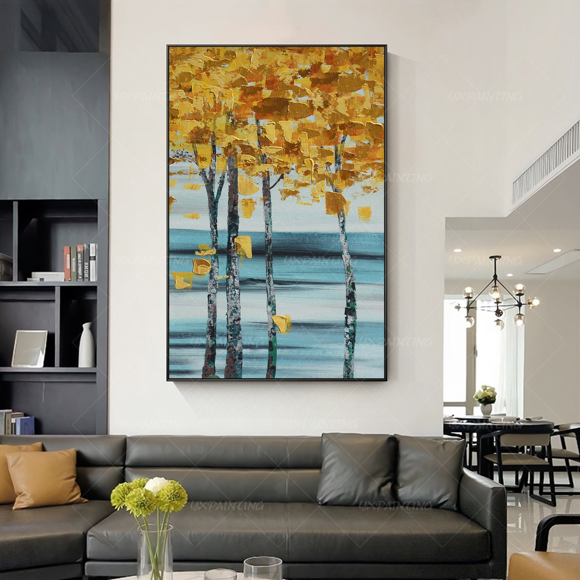 Schilderij met bladgoudboom: abstracte acrylmeskunst op canvas #15