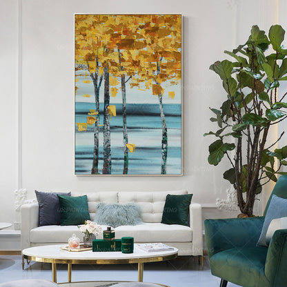 Schilderij met bladgoudboom: abstracte acrylmeskunst op canvas #4