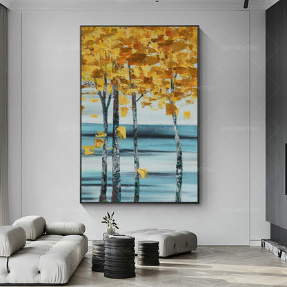 Schilderij met bladgoudboom: abstracte acrylmeskunst op canvas #1