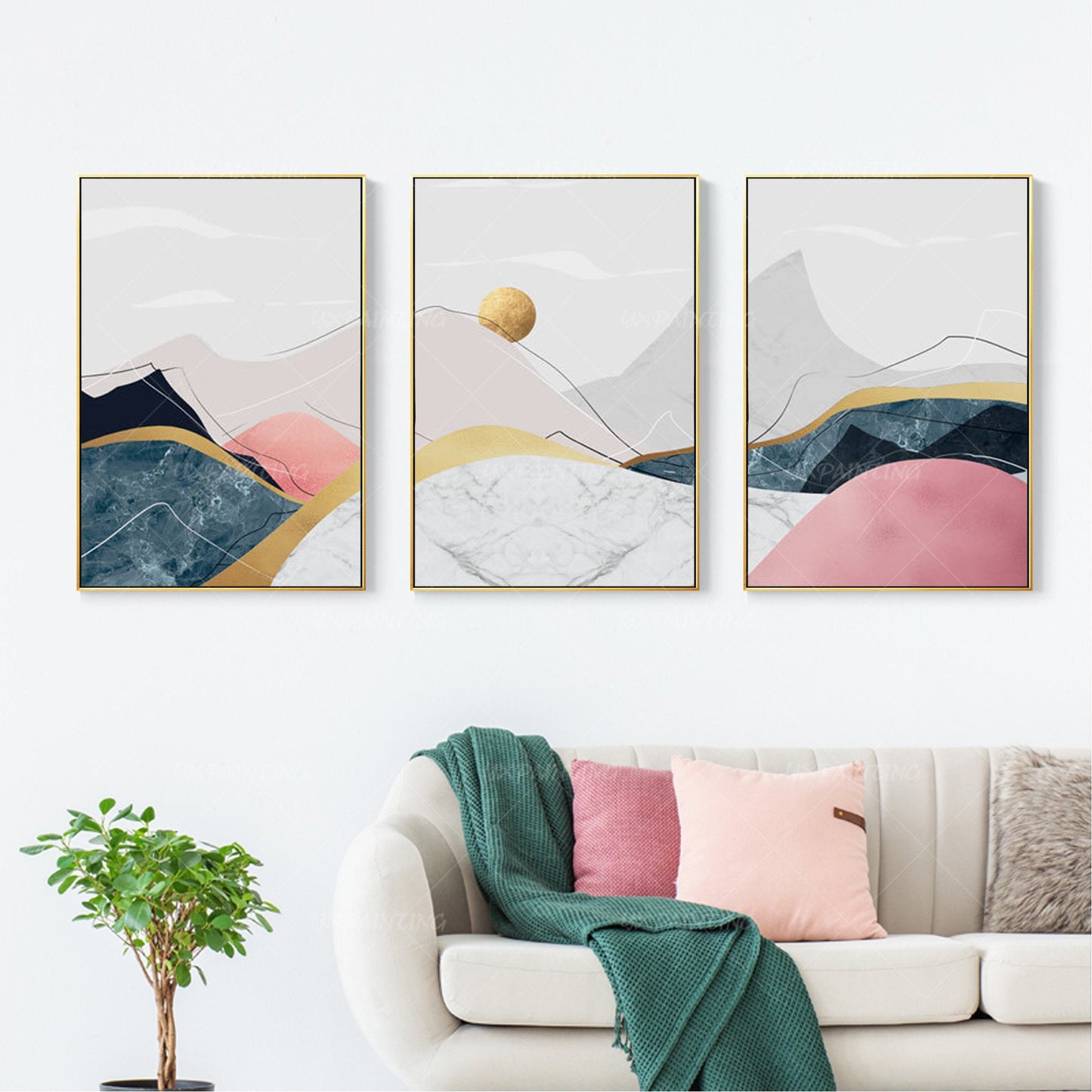 Schilderij set ingelijste gouden kunst koraal roze steen grote abstracte berg in #2
