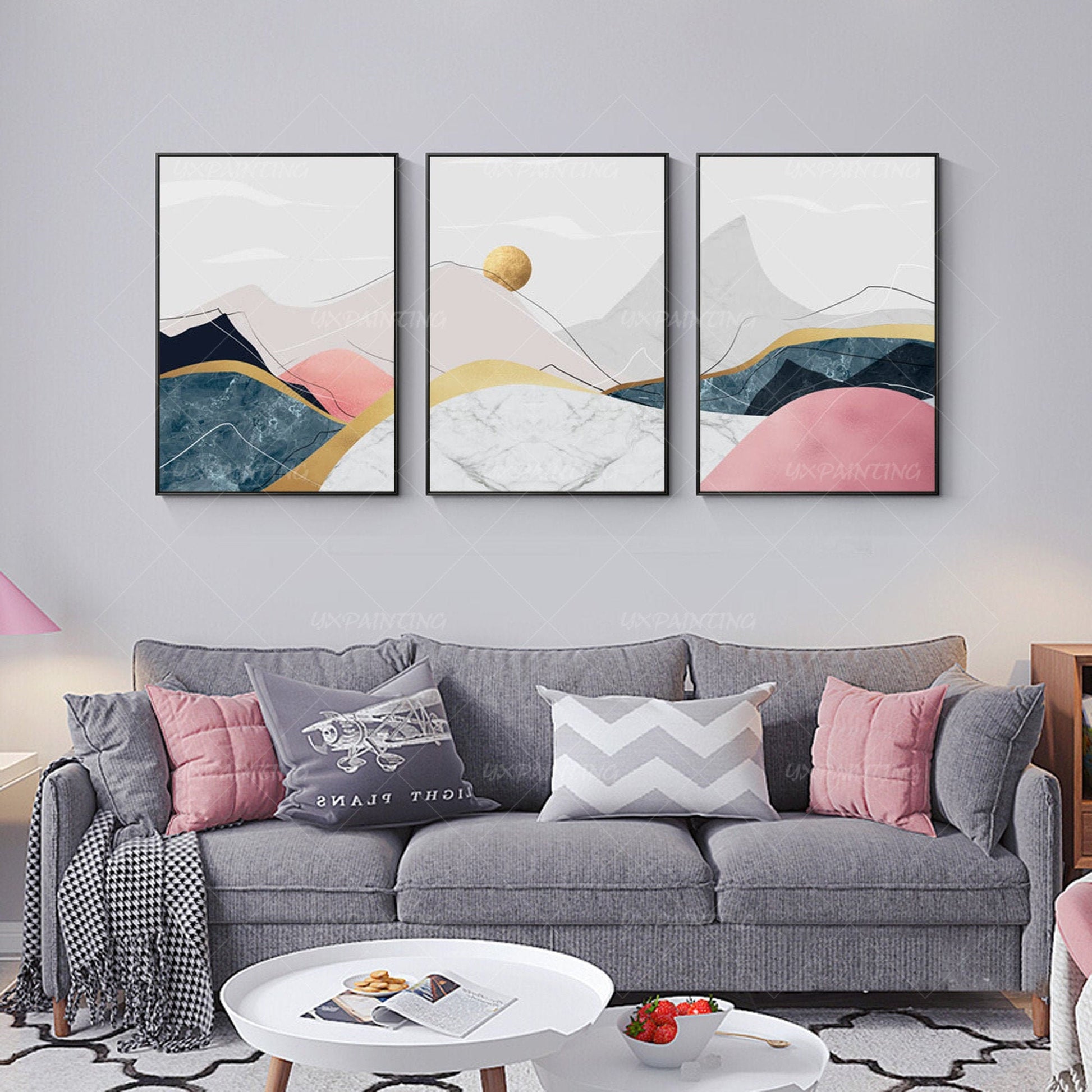 Schilderij set ingelijste gouden kunst koraal roze steen grote abstracte berg in #11