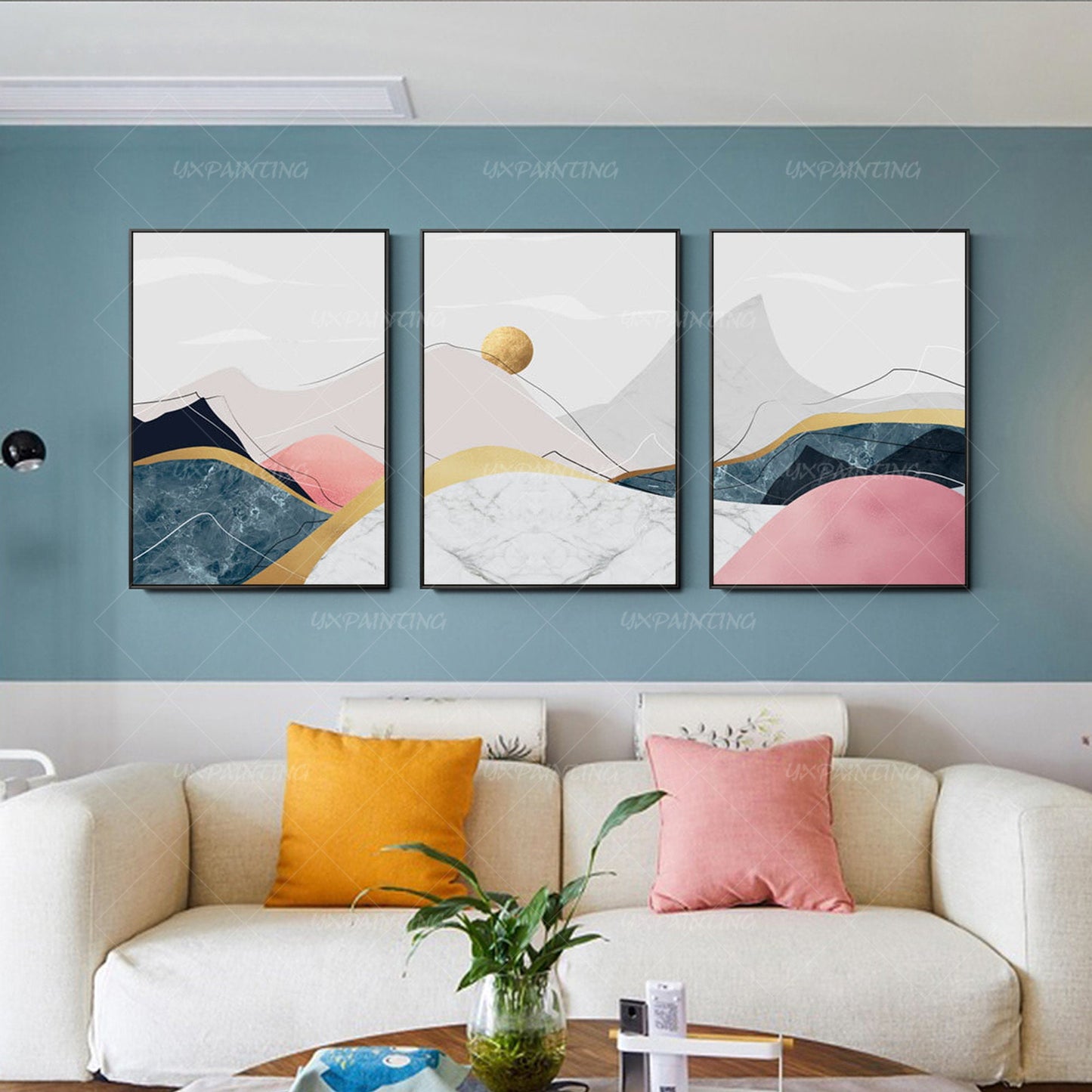 Schilderij set ingelijste gouden kunst koraal roze steen grote abstracte berg in #14