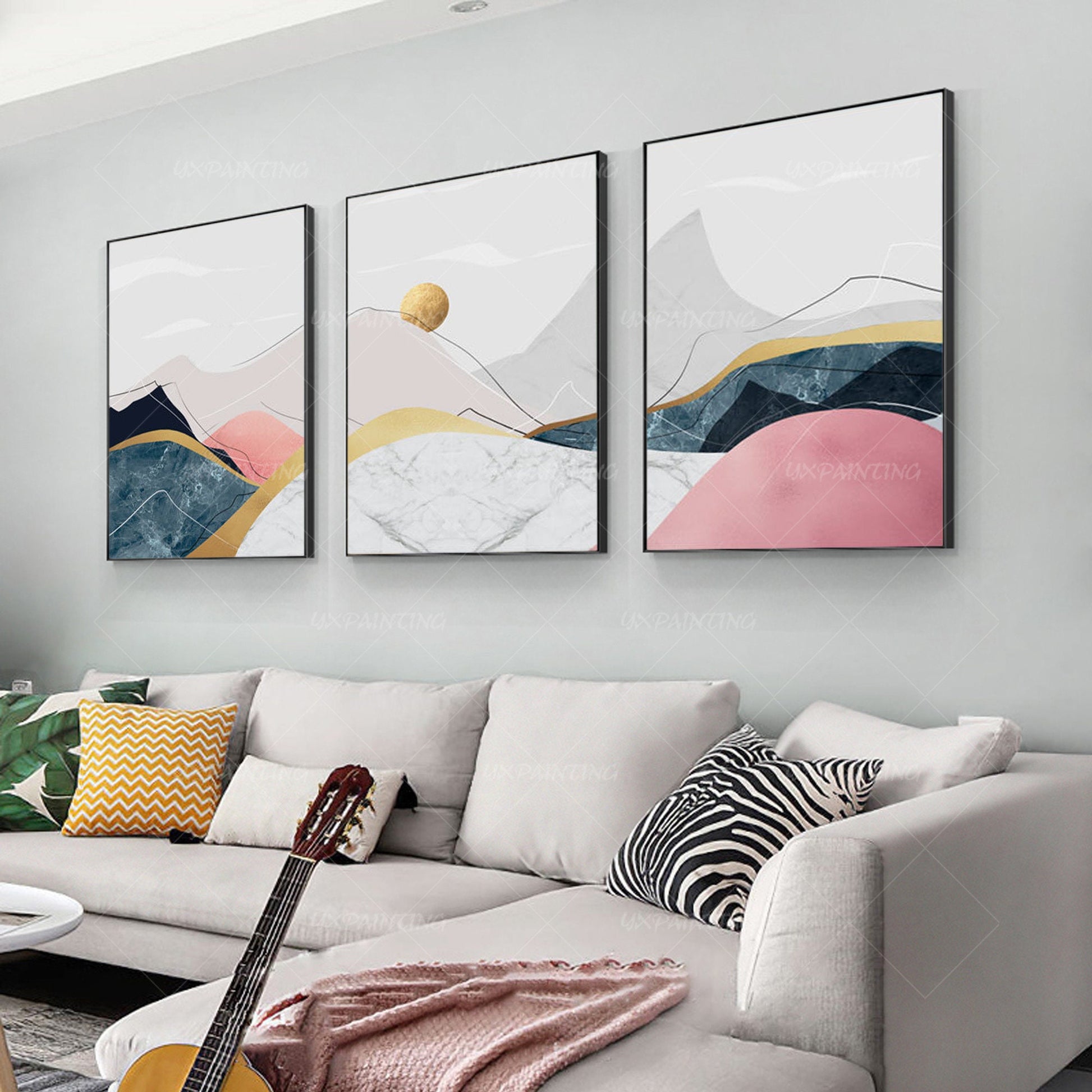 Schilderij set ingelijste gouden kunst koraal roze steen grote abstracte berg in #15