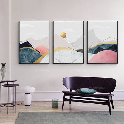 Schilderij set ingelijste gouden kunst koraal roze steen grote abstracte berg in #3
