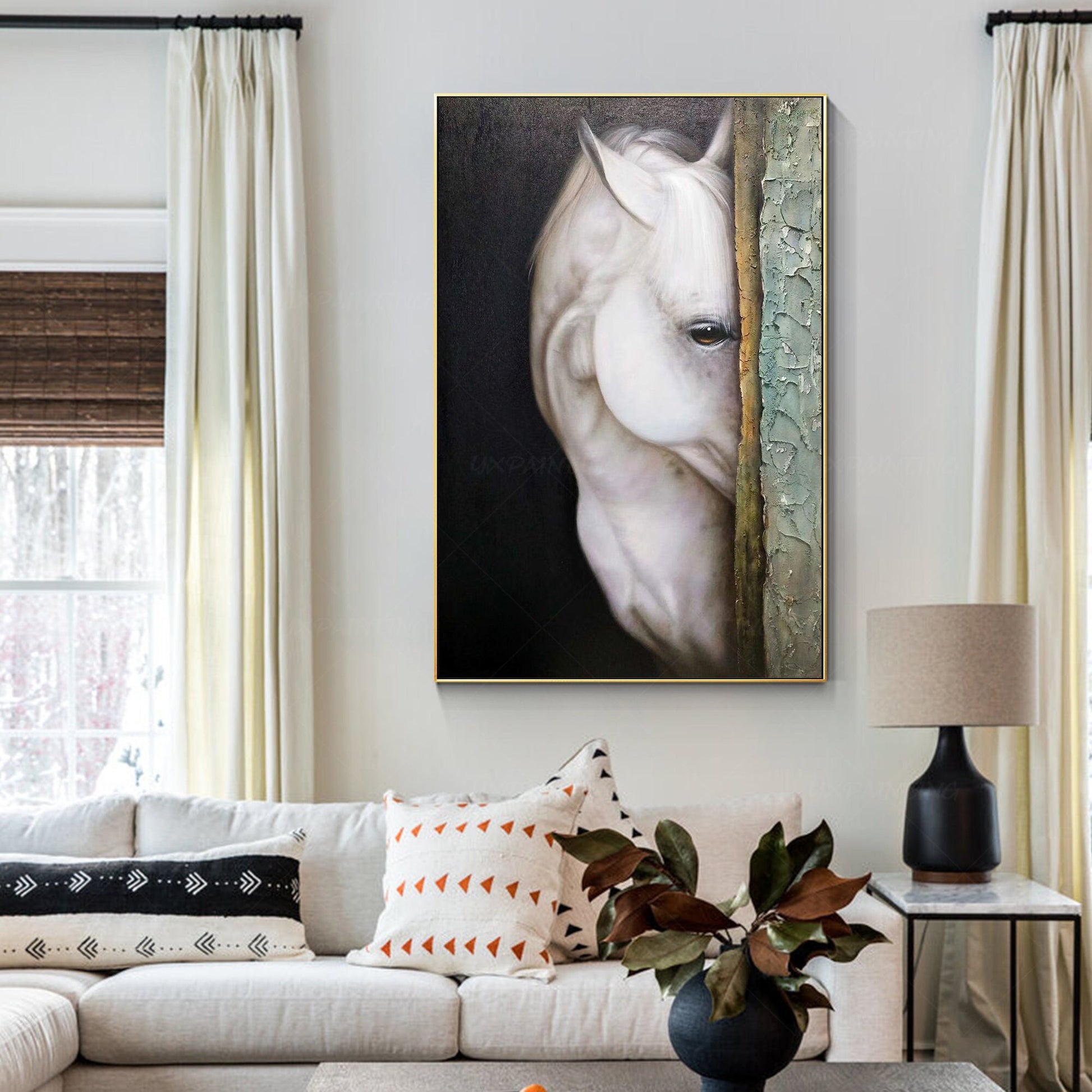Schilderij wit paard: getextureerd realisme, ingelijste canvas muurkunst #12