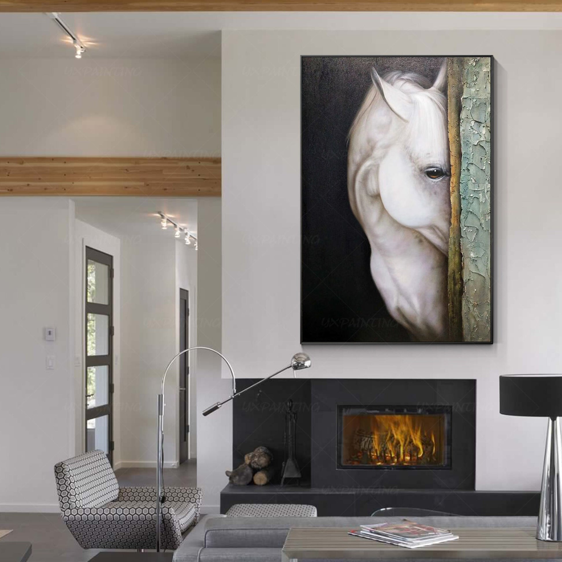 Schilderij wit paard: getextureerd realisme, ingelijste canvas muurkunst #14