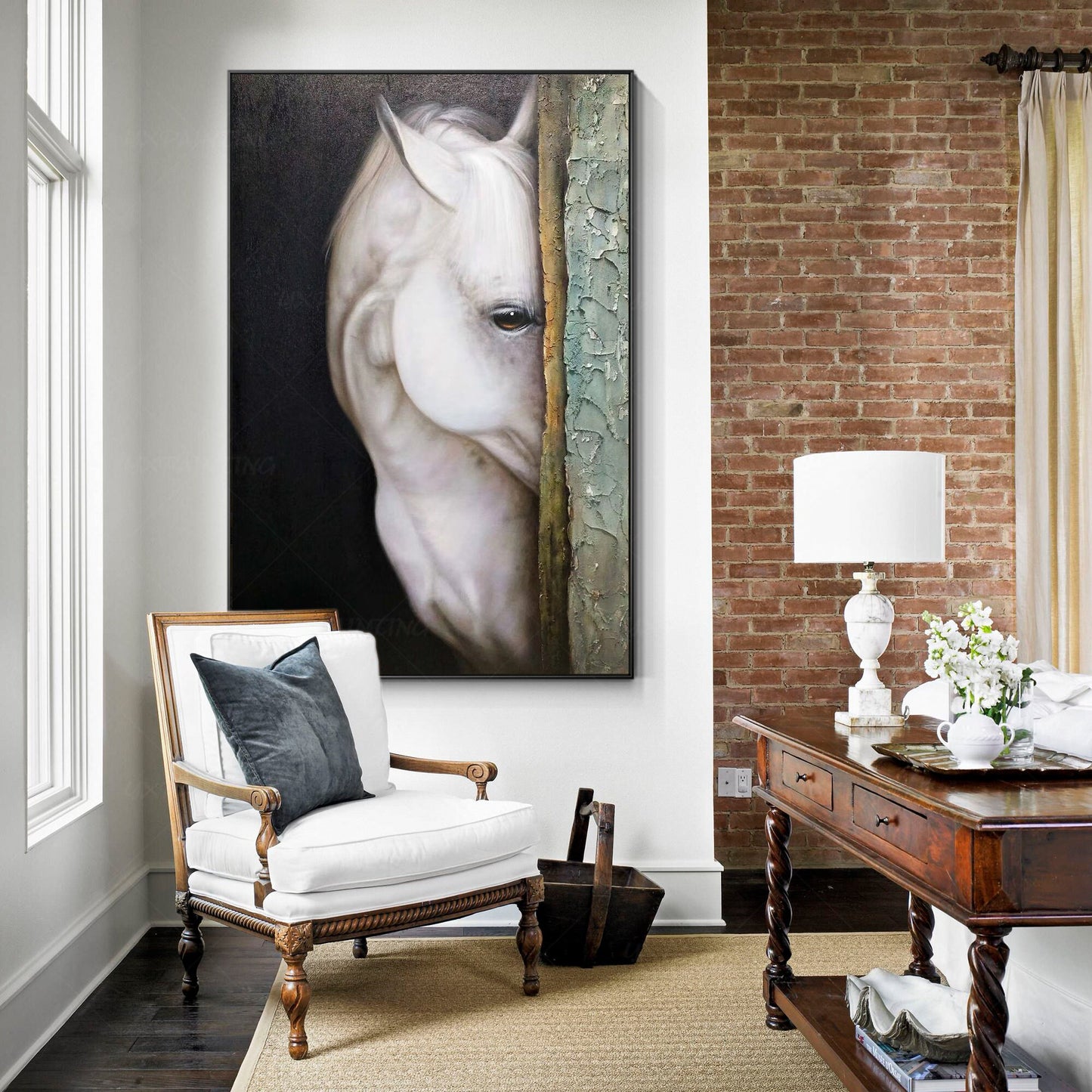 Schilderij wit paard: getextureerd realisme, ingelijste canvas muurkunst #3