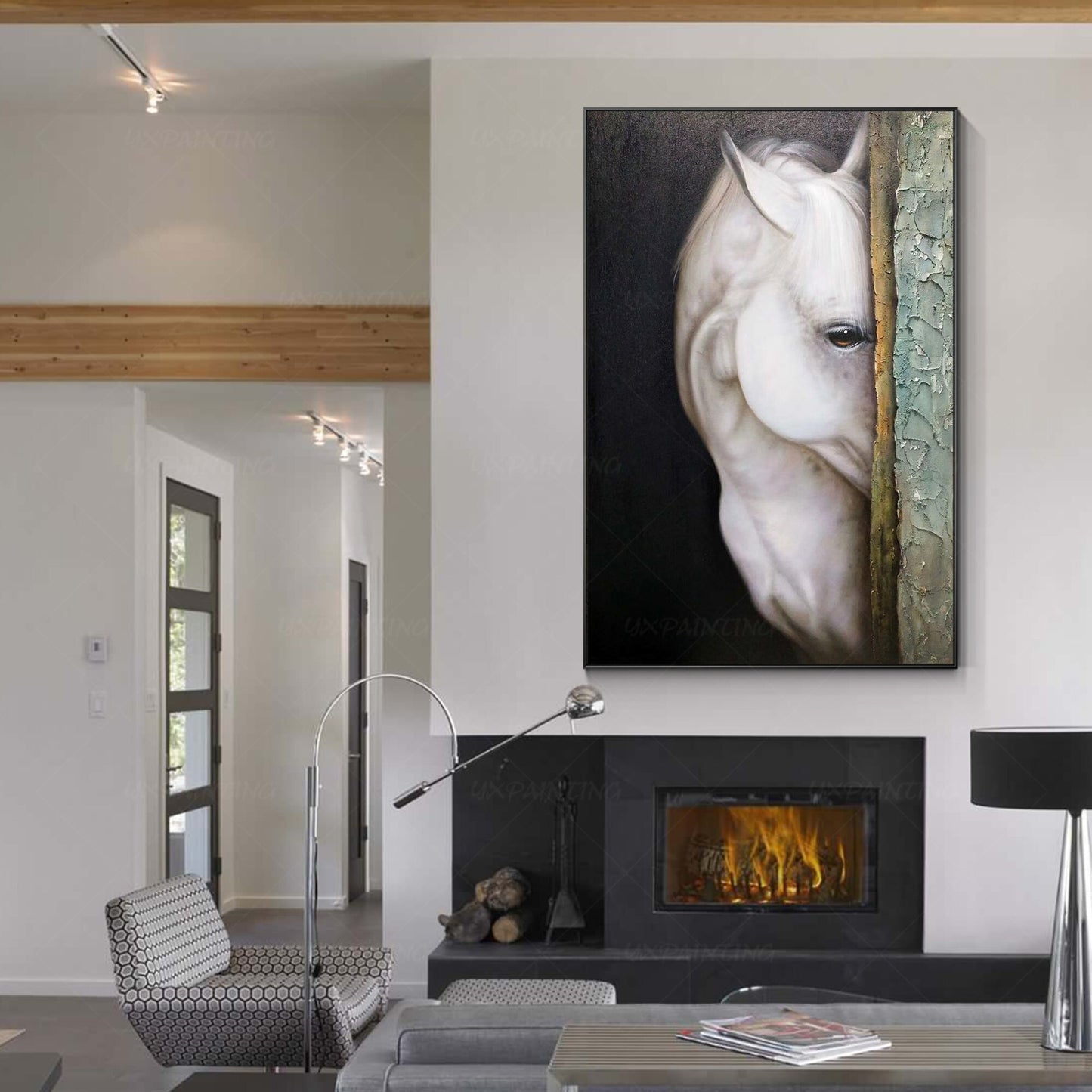 Schilderij wit paard: getextureerd realisme, ingelijste canvas muurkunst #4