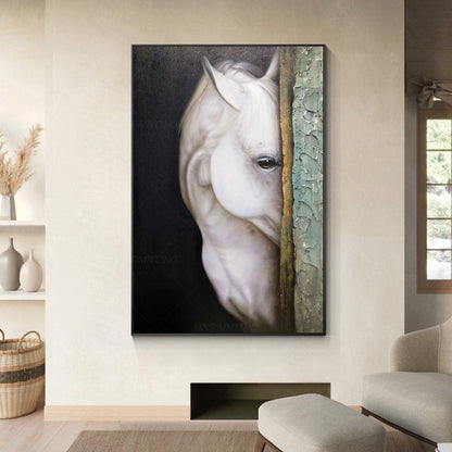 Schilderij wit paard: getextureerd realisme, ingelijste canvas muurkunst #1