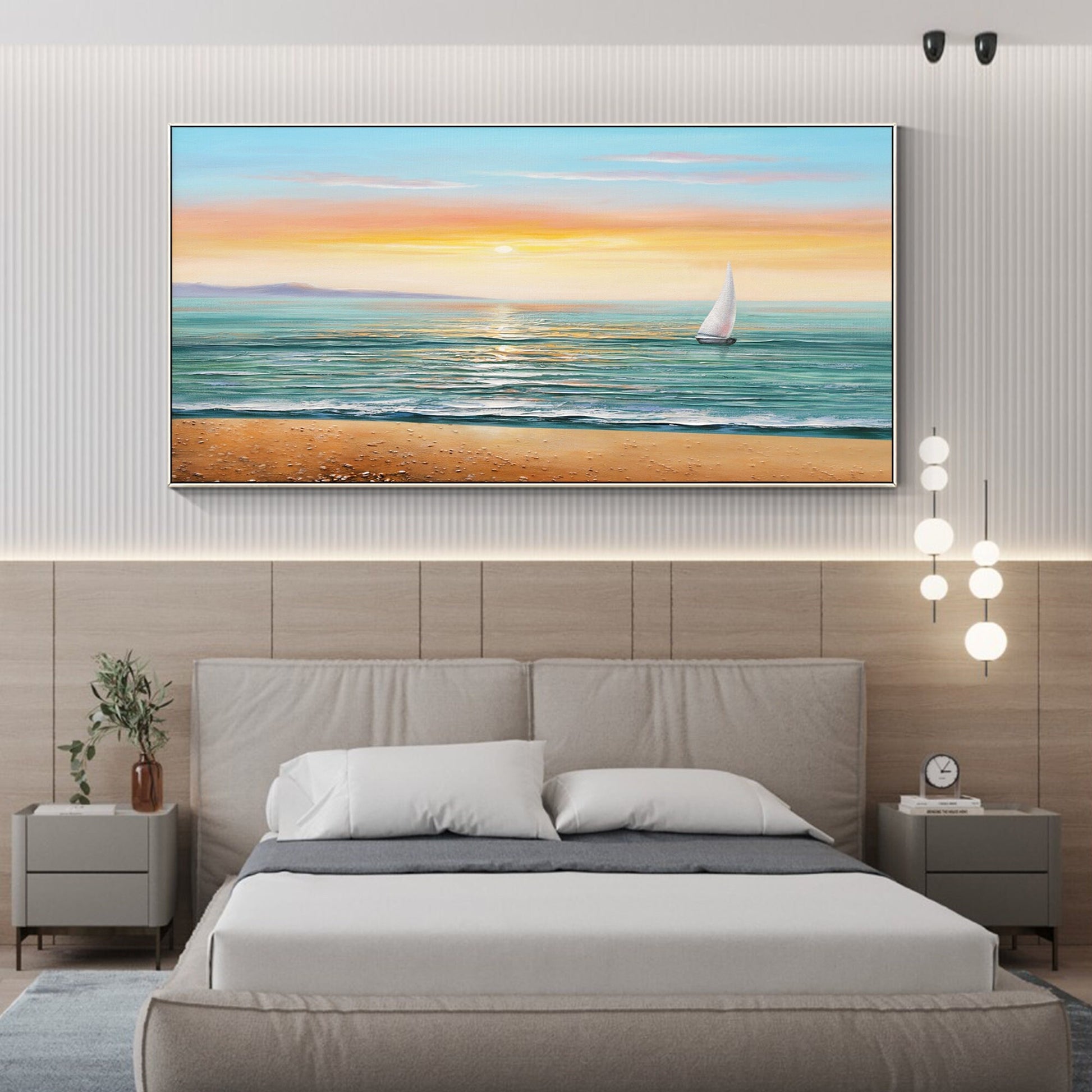 Schilderij zonsopgang zeegezicht: abstract bewolkt strand, ingelijste canvas muu #2